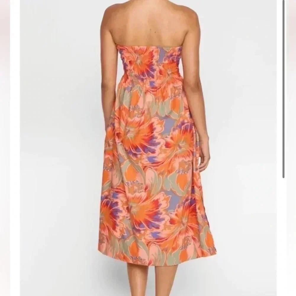 Mikoh Lido Women's Size 1 XS Vivid Floral Dress Midi Shirred Strapless Pockets - Picture 12 of 16